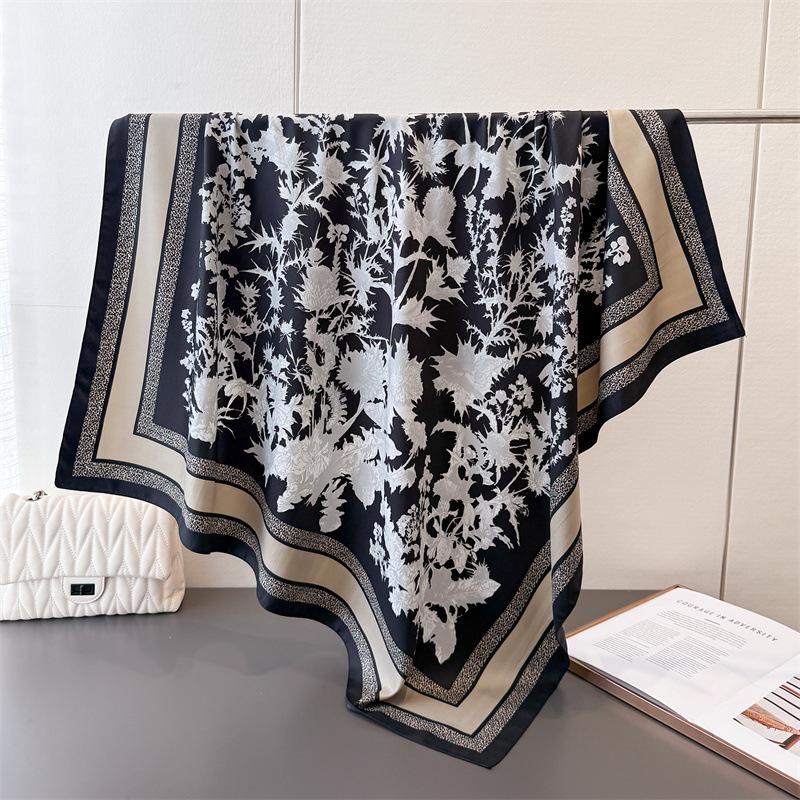 Fashion Imitation Silk Large Square Scarf Retro Flower Printing Professional Versatile Shawl Diagonal Silk Pattern Scarf Headscarf Women