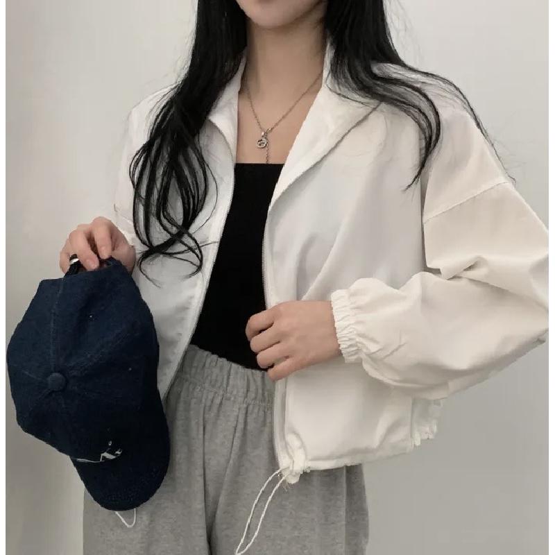 Vintage workwear drawstring short baseball jacket coat for women with a high-end, niche outerwear design