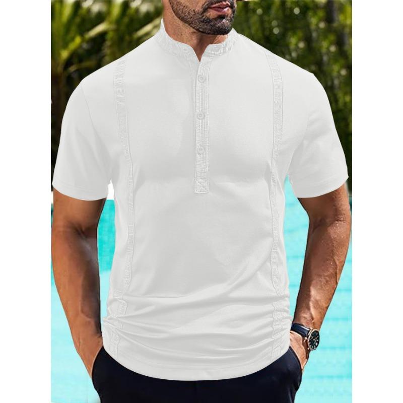 Men s White Textured Side Stripe Henley T Shirt Short Sleeve Button Placket Casual Top S белый