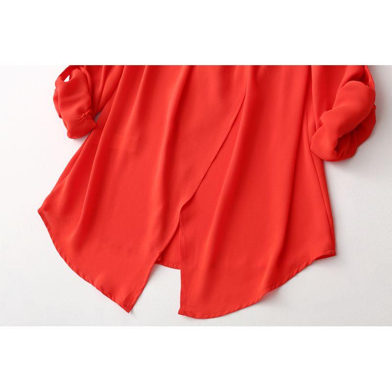 Export Plus Size Tail Single Loose Fashion Minimalist Back Slit Stylish Rollable Sleeves Hollowed V Neck Chiffon Shirt