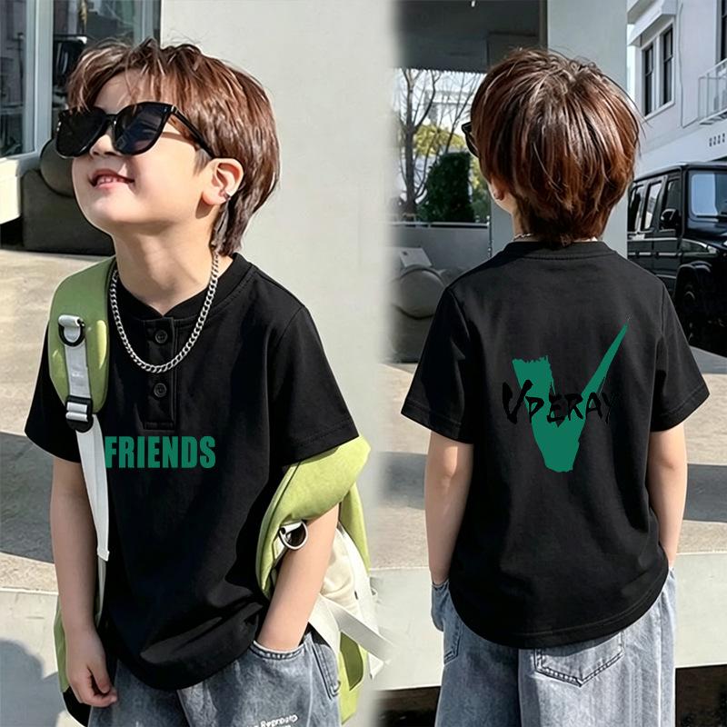 Korean Style Boys' Short-Sleeve Henley Collar T-Shirt, Loose Pure Cotton, Summer New Arrival Trendy Base Layer for Middle and Older Children