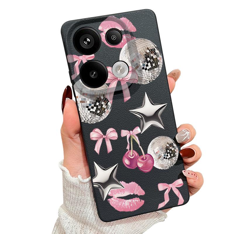 Cherry Bowknots Lips Disco Ball Pattern Case Xiaomi 14T 13T 11T Pro Leather Texture Silicone Cover Funda For Redmi Note 14 13 Pro 4G 5G 12 11