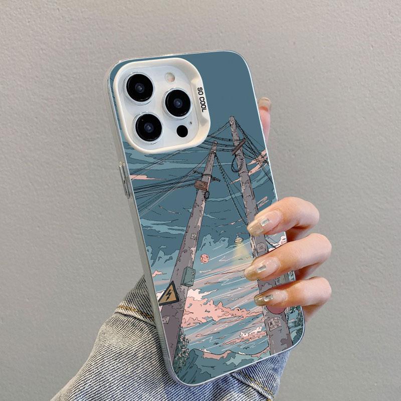 Anime Sky Landscape Art Painting Laser Phone Case For iPhone 12 13 Mini Pro Max 11 14 16 15 Pro Max Plus Shockproof Cover Fundas