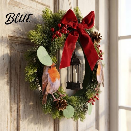 Plump Simulated Pine Branch Wreath Lighted Bird Christmas with Lantern Rustic Artificial Velvet Bow Indoor Outdoor Winter Festive Ornaments