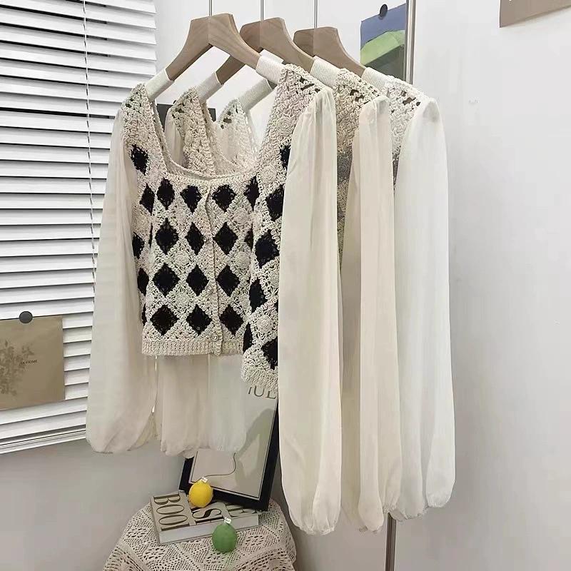French Hollowed Out Spliced Chiffon Shirt with A Niche Retro Splicing Design, Short Square Collar and Stacked Sleeves, Women's Top