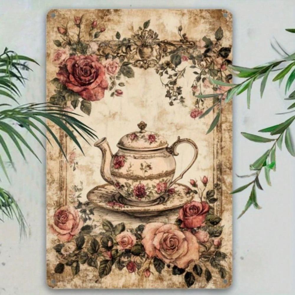 Vintage Kettle with Roses Metal Wall Poster for Country Kitchen