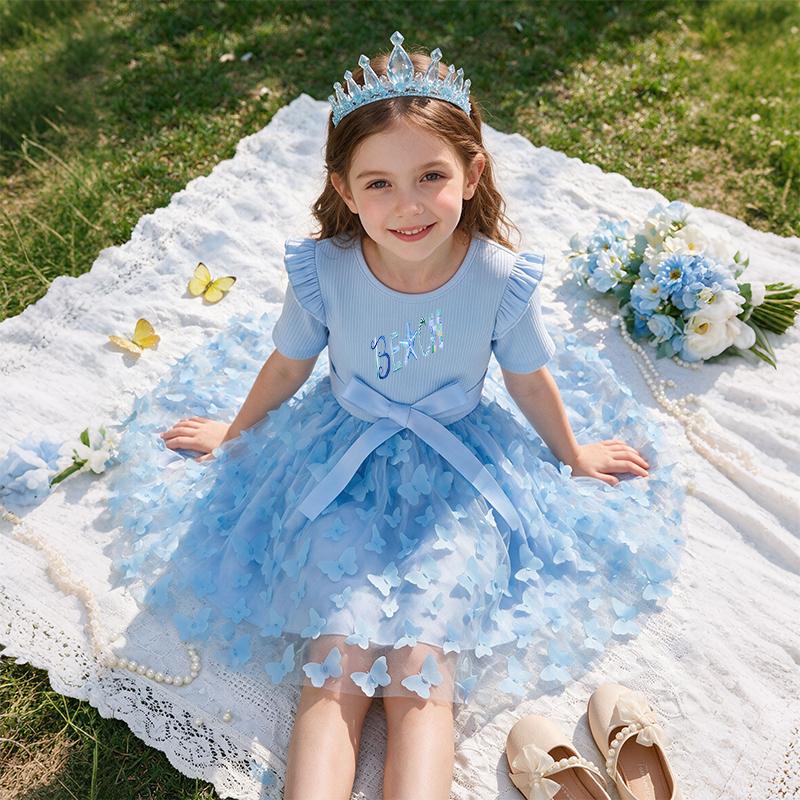 Girls Butterfly Tulle Dress, Art Print,Cute Princess Party Dress with Bow, Short Sleeve Summer Dress for Little Girls