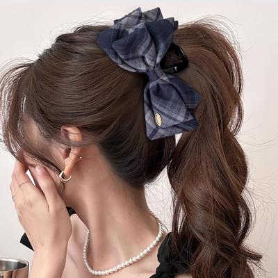 Retro Plaid Shark Clip Korean Temperament Bow Ponytail Clip Hair Accessories