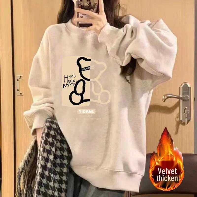 2025 Women's Plus Velvet Loose Round Neck Sweatshirt - Thickened Autumn/Winter Casual Top, Trendy American Style, No Hood