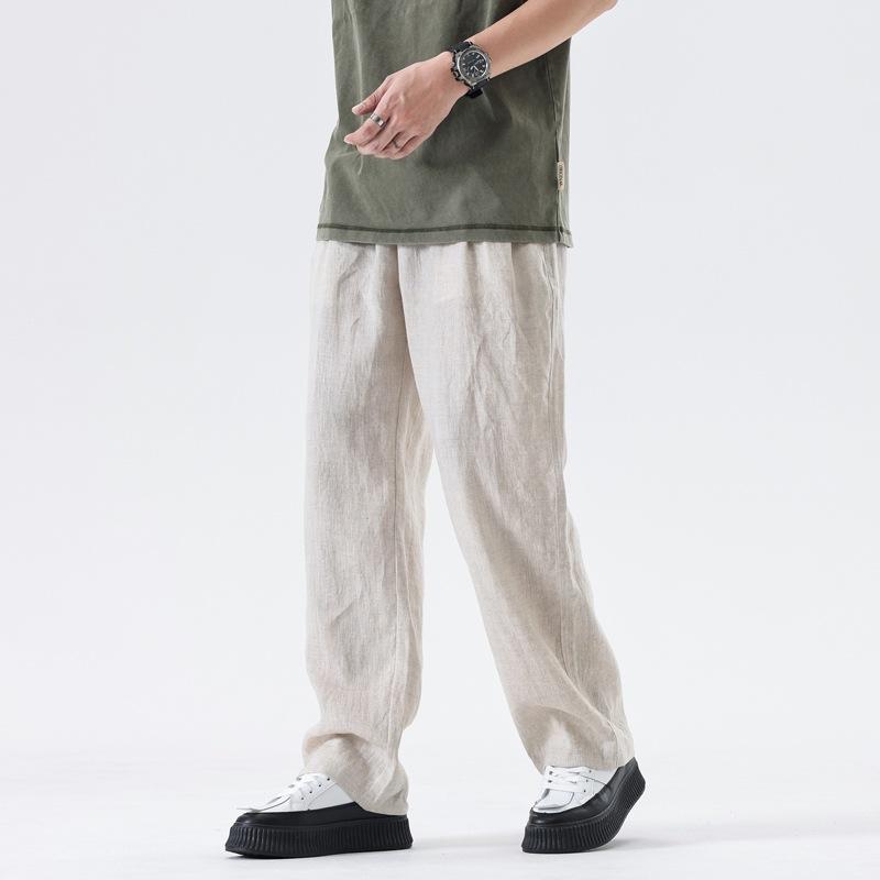 New Trendy Brand Cotton and Linen Casual Pants Men's Summer Fashion Loose and Versatile Straight Trousers Apricot