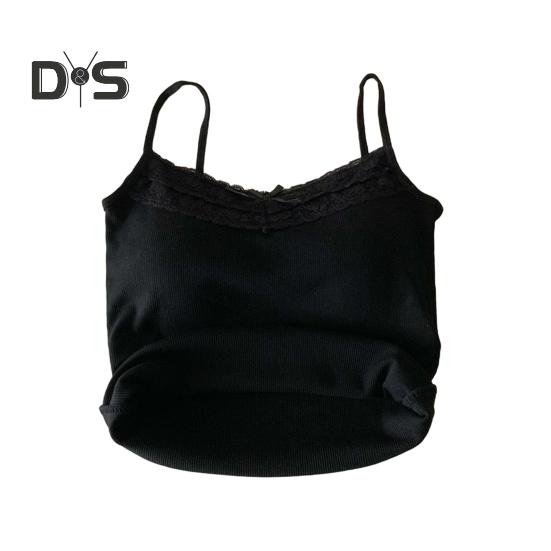 

Женский топ-топ без рукавов с кружевной отделкой, однотонный, из дышащей ткани, майка, повседневная одежда чёрный