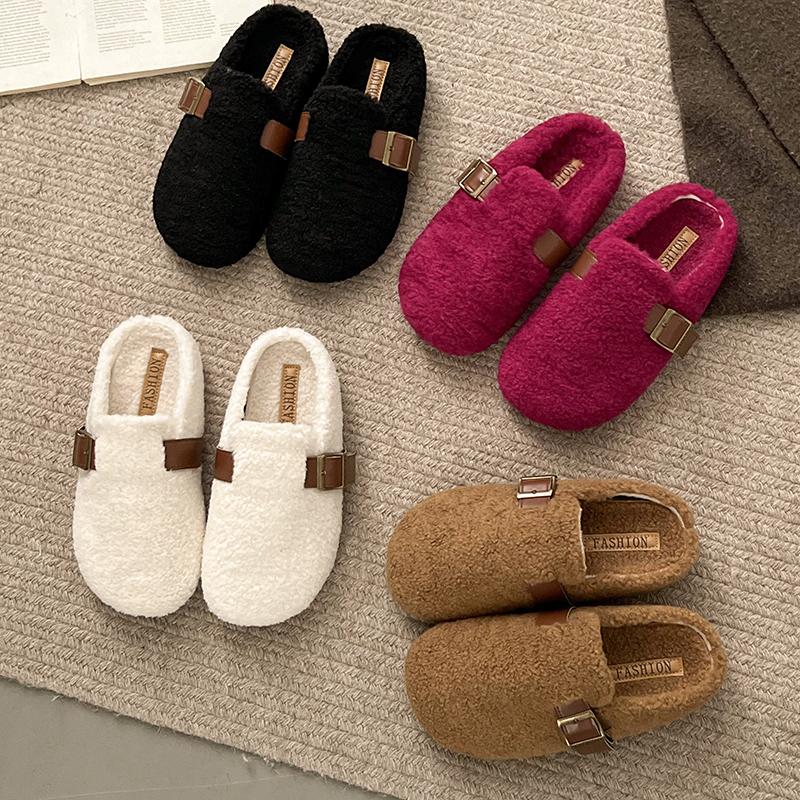 Fashion Aphixta Rose Red Cotton Warm Winter Slippers Fashion Buckle Belt Platform Slippers for Women 2024 Winter Plush Warm Cotton Shoe
