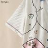 ZANZEA Women Casual Turn Down Collar Loose Short Sleeve Funny Print Stripe Blouse