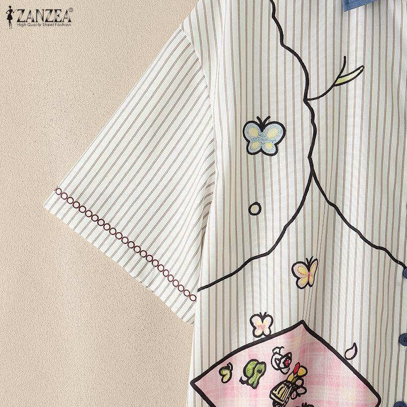 ZANZEA Women Casual Turn Down Collar Loose Short Sleeve Funny Print Stripe Blouse