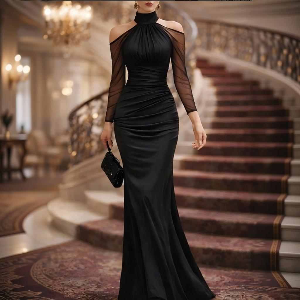 Women Halter Neck Long Sleeve Evening Dress Sheer Mesh Off Shoulder Floor Length Formal Gown Ruched Waist Maxi Dress