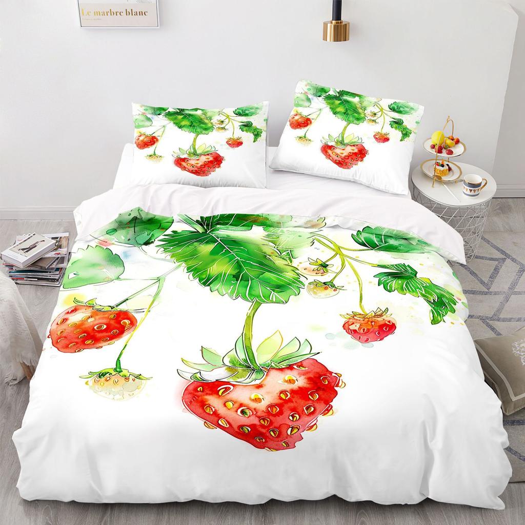 Strawberry Garden Duvet Cover & Pillowcases, Sweet Fruit Print Bedding Set Collection, Fresh & Romantic Bedroom Decor for Girls