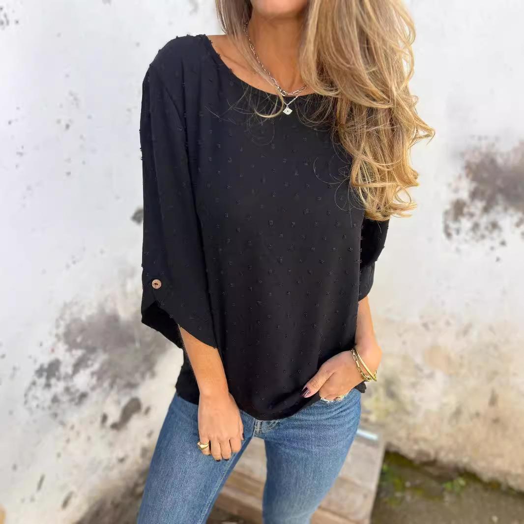 Women s Long Sleeve Round Neck Chiffon Jacquard Fashionable Casual Loose T-shirt S