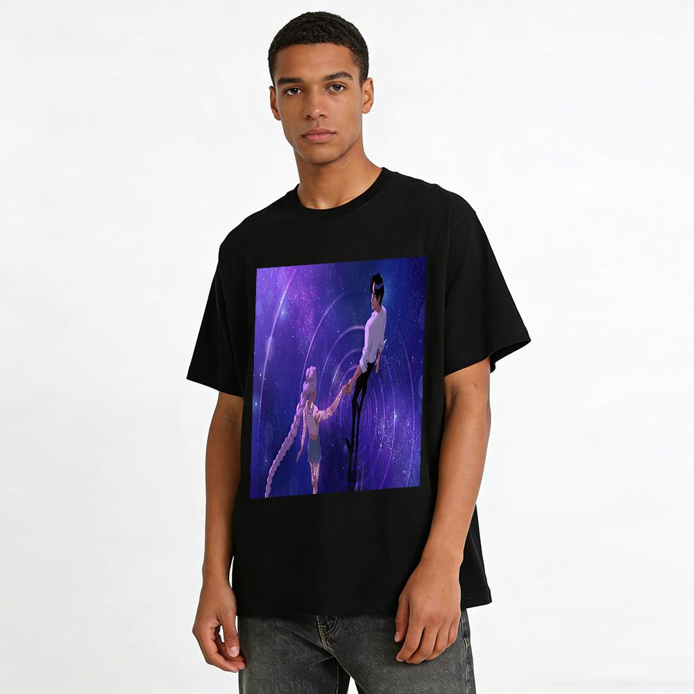 Star Night Hand-in-Hand Print Couple T-Shirts Romantic Universe Style Loose Tops for Men and Women Pure cotton T-shirt