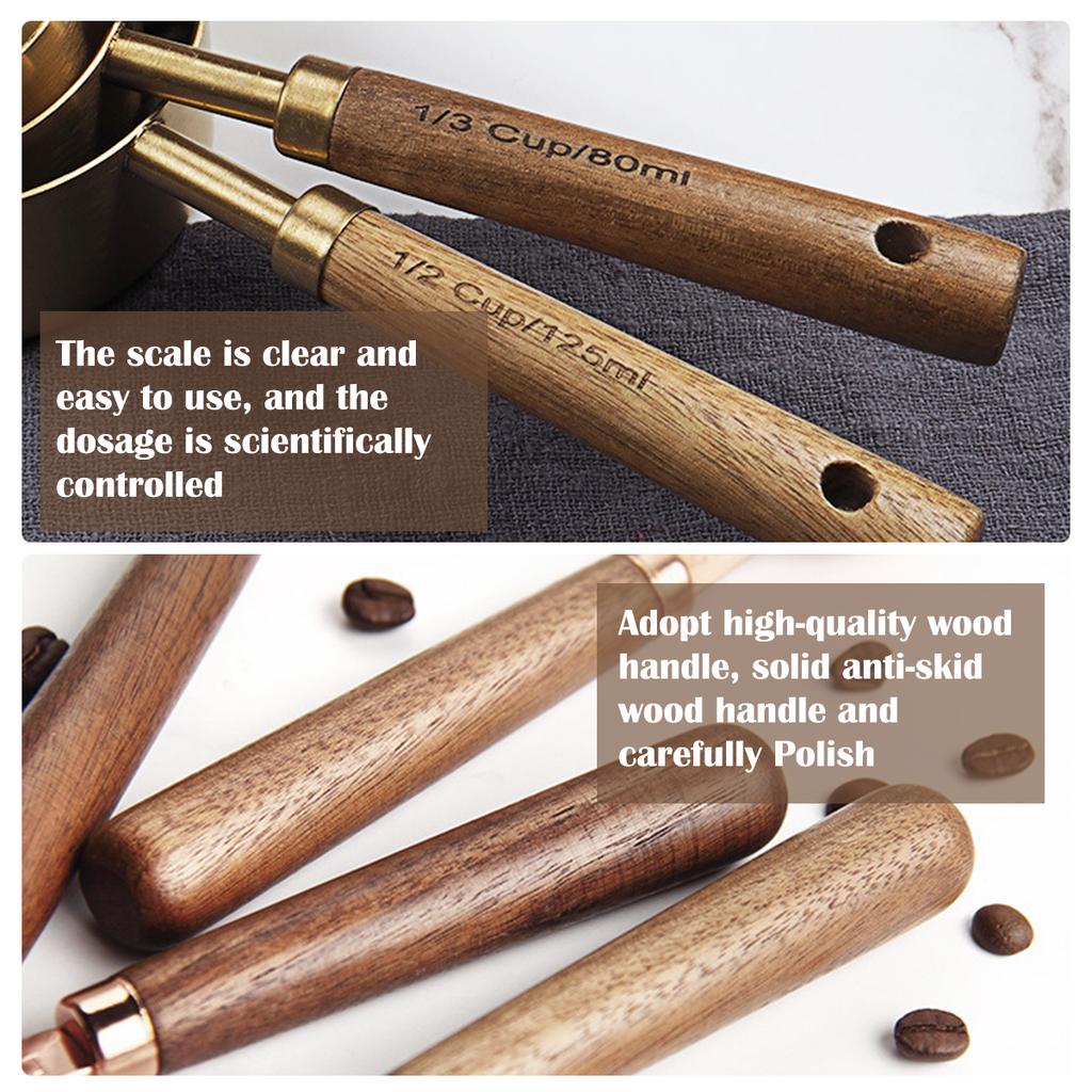 8 Pcs Stainless Steel Measuring Cups Spoons Wooden Handle Coffee Measuring Spoon Set Gold Measure Cup Baking Tools for Kitchen