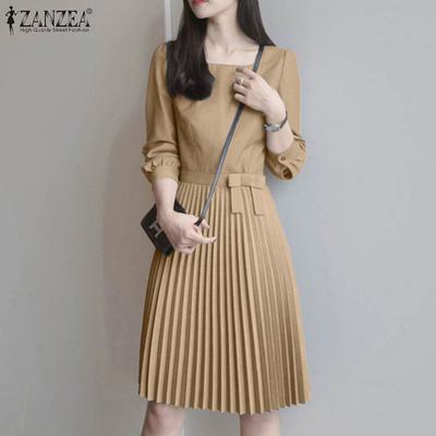 Women Square Neck Casual Long Sleeve Pleated Dress