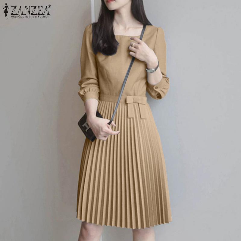 ZANZEA Women Square Neck Casual Long Sleeve Pleated Dress