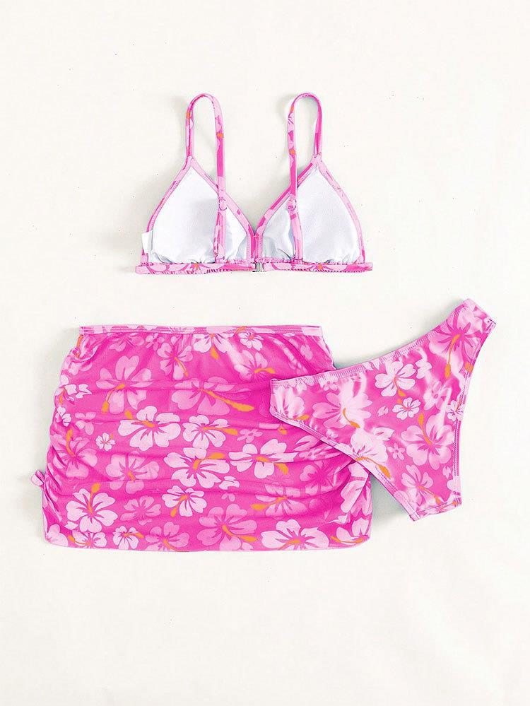 Costume da bagno a tre pezzi con stampa floreale per bambina
