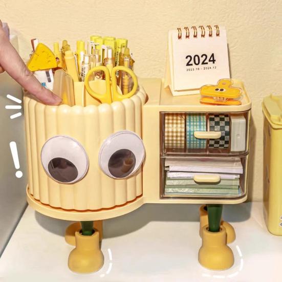 Cute Rotating Pen Holder with Drawer 2-in-1 Large Capacity Desktop Organizer for Kids Girls Multifunctional Storage And Sorting Box