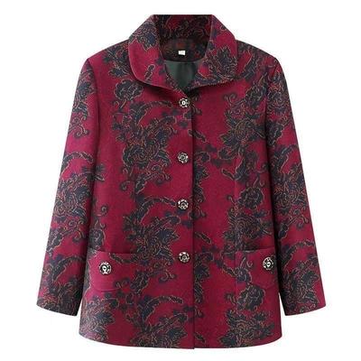 Single-piece Coat Middle-aged and Elderly Women's Lapel Printed Top Open Button Long Sleeves