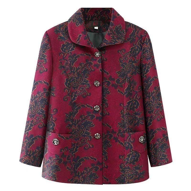 

Цельное пальто для женщин среднего и пожилого возраста, лацкан, принт, открытая застежка на пуговицах, длинные рукава XL красный