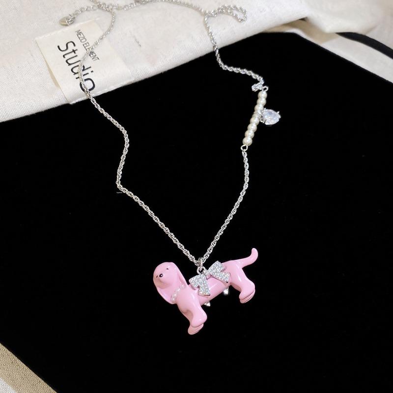 Zircon Pearl Bow Oil Drop Puppy Pendant Necklace Cartoon Cute Clavicle Chain Light Luxury Premium Sweater Chain