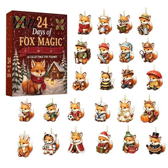 Cute Cat Rabbit Ornaments 24 Days Christmas Advent Calendar 2026, 2D Acrylic Reading Cats/Dogs/Forest Animals Surprise Unboxing Gift Ornament