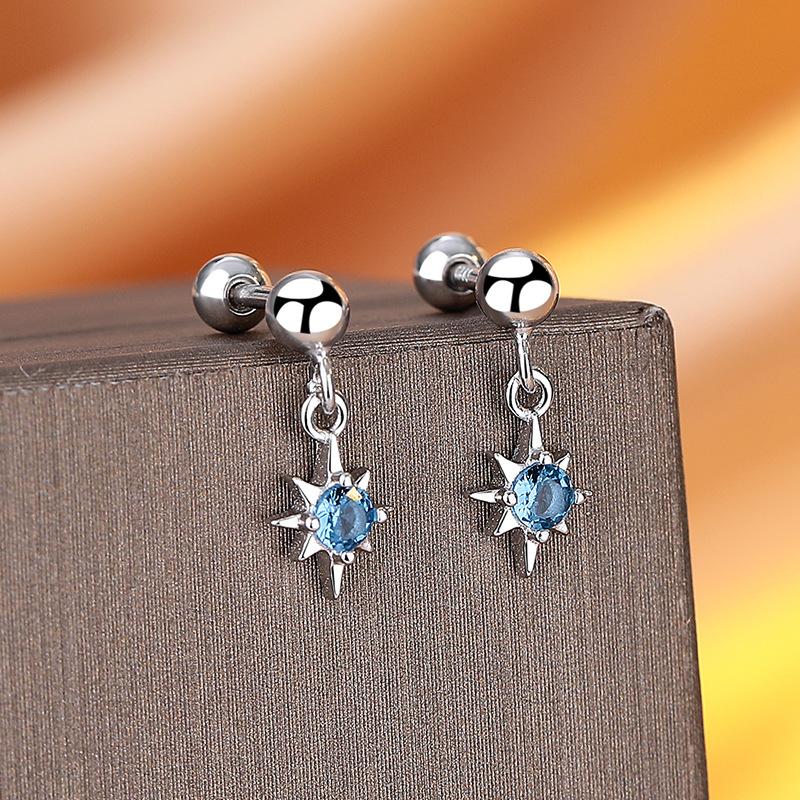 

Octagram Blue Zircon Short Tassel Sweet Cool Wind Threaded Earrings Women S High-End Tremella Decoration Customization 925 silver платиновый