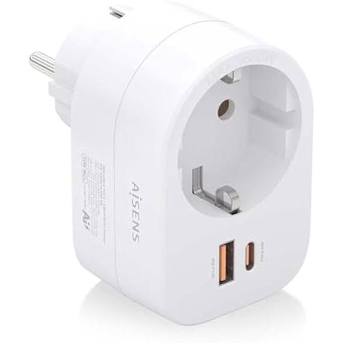 Multiprise Murale - AISENS - ASPS-1A1C06-W - 1 Prise + 1 USB-C 20W PD3.0 - 1 USB-A 20W QC3.0 - Blanc