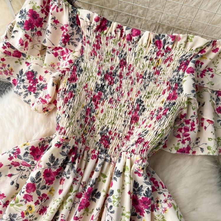 Floral Off Shoulder Casual Short Sleeve High Waist Ankle Length Dress for Women Summer Spring Fashion