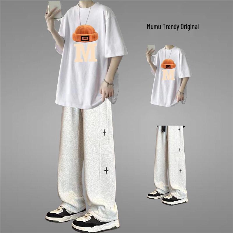 Men's Stylish Hong Kong Summer Outfit: Star Print Short Sleeve Top & Straight Leg Long Pants with Hat