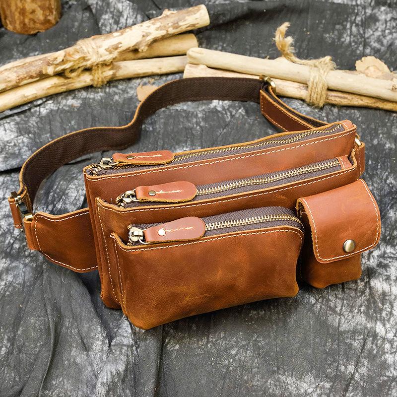 Retro Leather Waist Bag, Men's Crazy Horse Leather Chest Bag, Multifunctional Cowhide Crossbody Bag, Three-layer Cashier Bag
