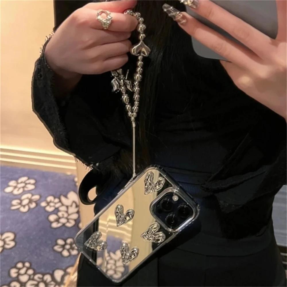 Stylish Korea Cute 3D Love Heart Bralet Phone Case For iPhone 17 Air 16 15 13 11 12 Pro Max 14 Plus Silvery Mirror Girl Cover