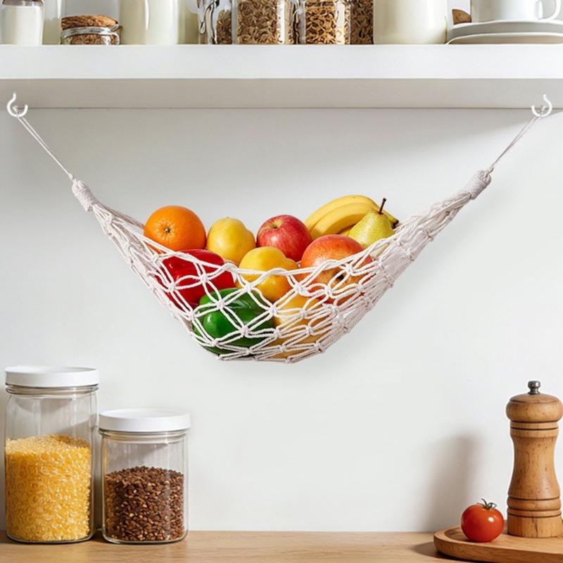 Wall Hanging Produce Holder, Cotton Rope Fruit Storage Net with Open Net Design for Kitchen Wall Use, Cupboard Placement and Home Storage