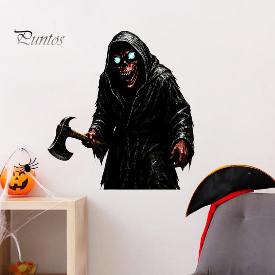 Creepy Ax Man Wall Decor Halloween Reaper Sticker, Scary Black Robed Demon with Decal, DIY Gothic Murals PVC Waterproof Art for Home Window Glass Easy