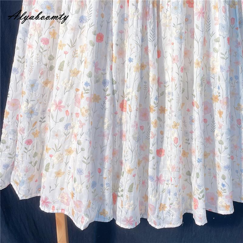 Japanese Mori Girl Spring Summer Women Midi Skirt Elastic Waist Colorful Floral Sweet Skirt Elegant Feminine Ladies' Pretty Skirt