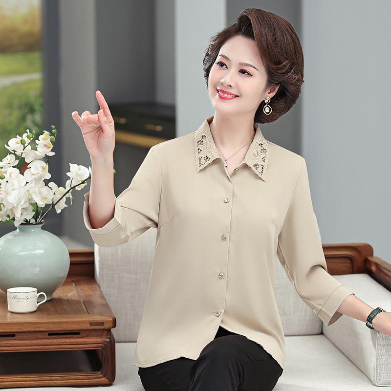 

Summer Mulberry Silk Seven-Sleeve Shirt for Middle-Aged and Elderly Women - Plus Size, Loose Fit 4XL (Recommended 135-150 jin) хаки