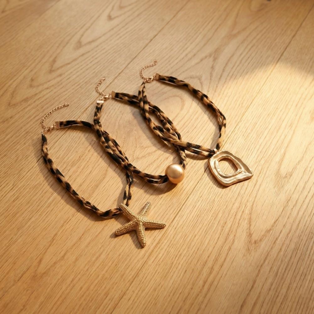 Charm Starfish Pendant Necklace Exaggerated Leopard Cloth Strip Necklace Collarbone Chain