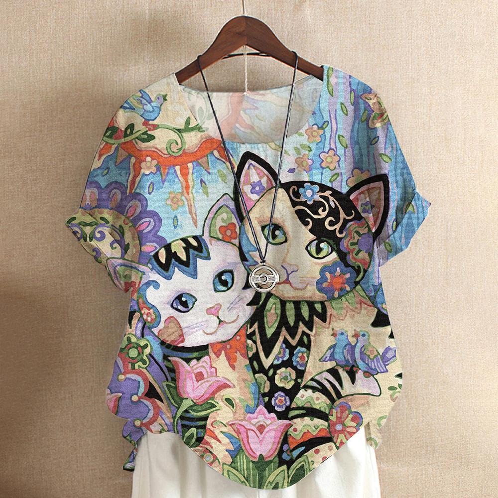 Maglietta da donna con gatto dei cartoni animati, camicetta Harajuku, scollo a V, manica corta, oversize, casual, pullover, estate, magliette carine, abbigliamento femminile