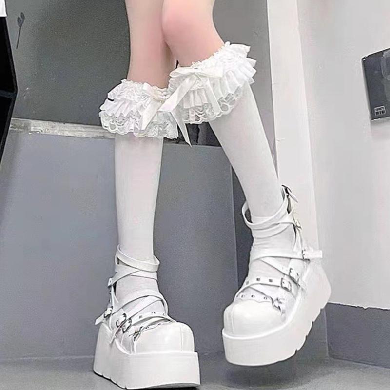 Stylish Lace Trimmed Long Socks Having Ribbon Detail Daily Lovely Socks Perfect For School Uniform And Cute Daily Wear