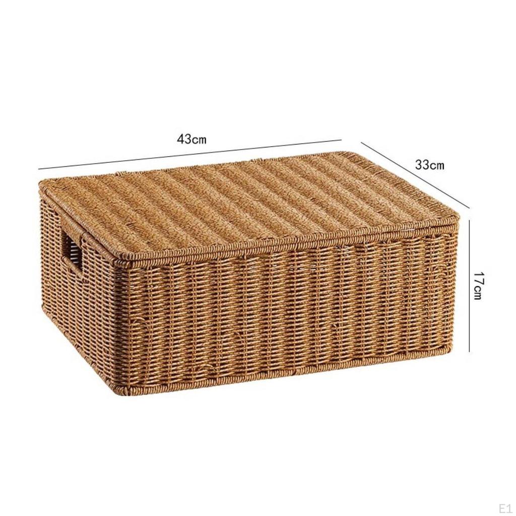 Faux Rattan Storage Box With Lid Wicker Bin Woven Container Basket for Families,