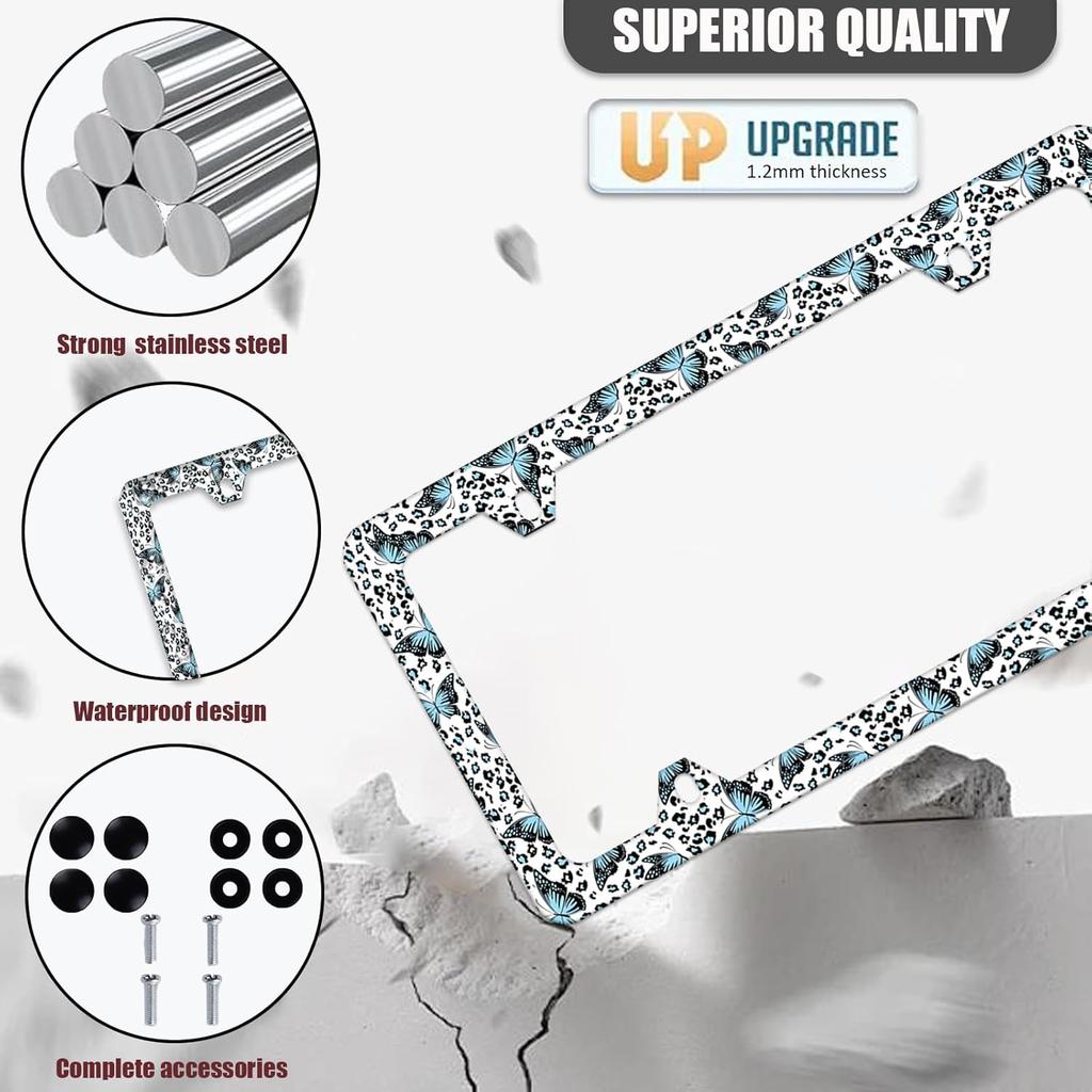 Blue Butterflies Leopard Print Cute License Plate Frames 4 Holes, Stainless Steel Personalized License Plate Cover Holder Car Accessories Decor With