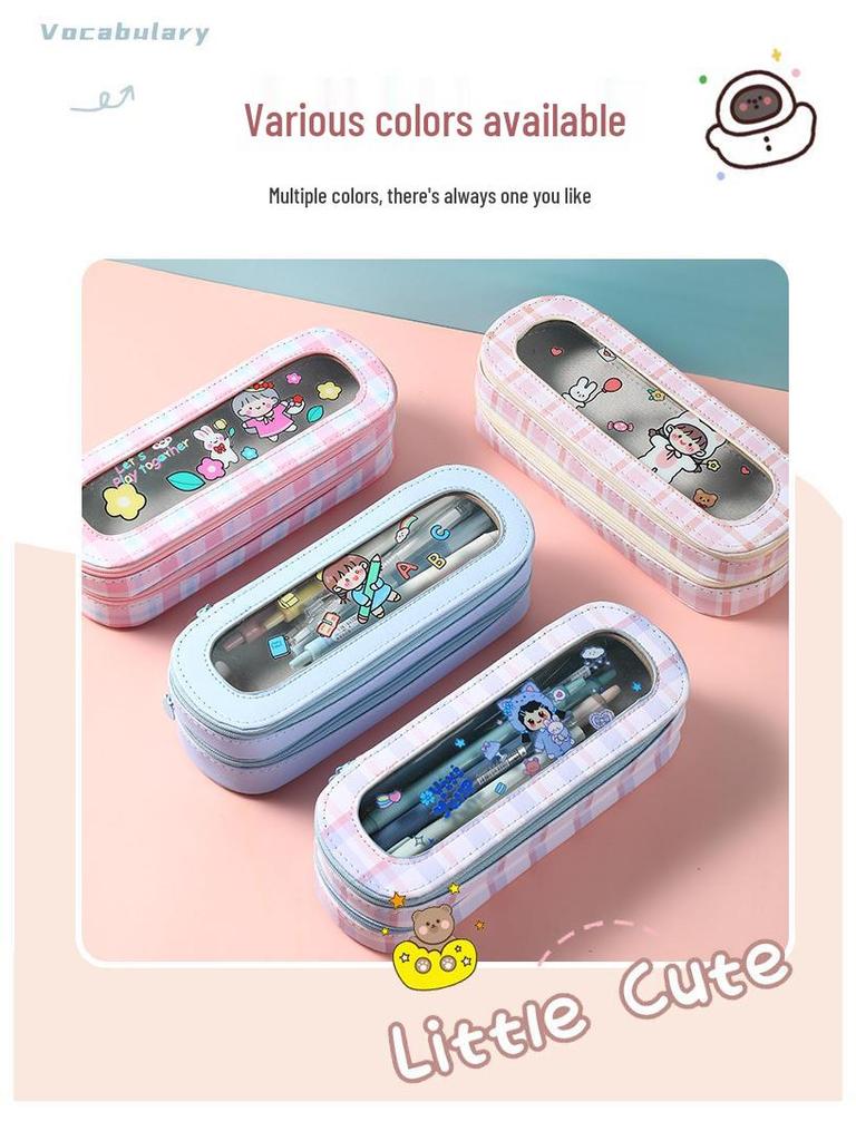 Large Capacity Transparent Cartoon Pencil Case for Girls with Double-Layer Design, Ideal for Elementary School Students