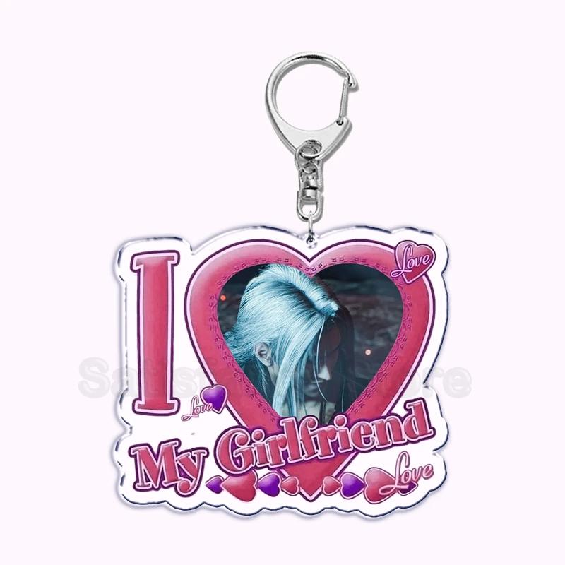 Pfp Sephiroth Acrylic KeyChain Pendant Key Ring I Love My Boyfriend Girlfriend Pink Heart Keyring for Bag Pendant Jewelry Gifts