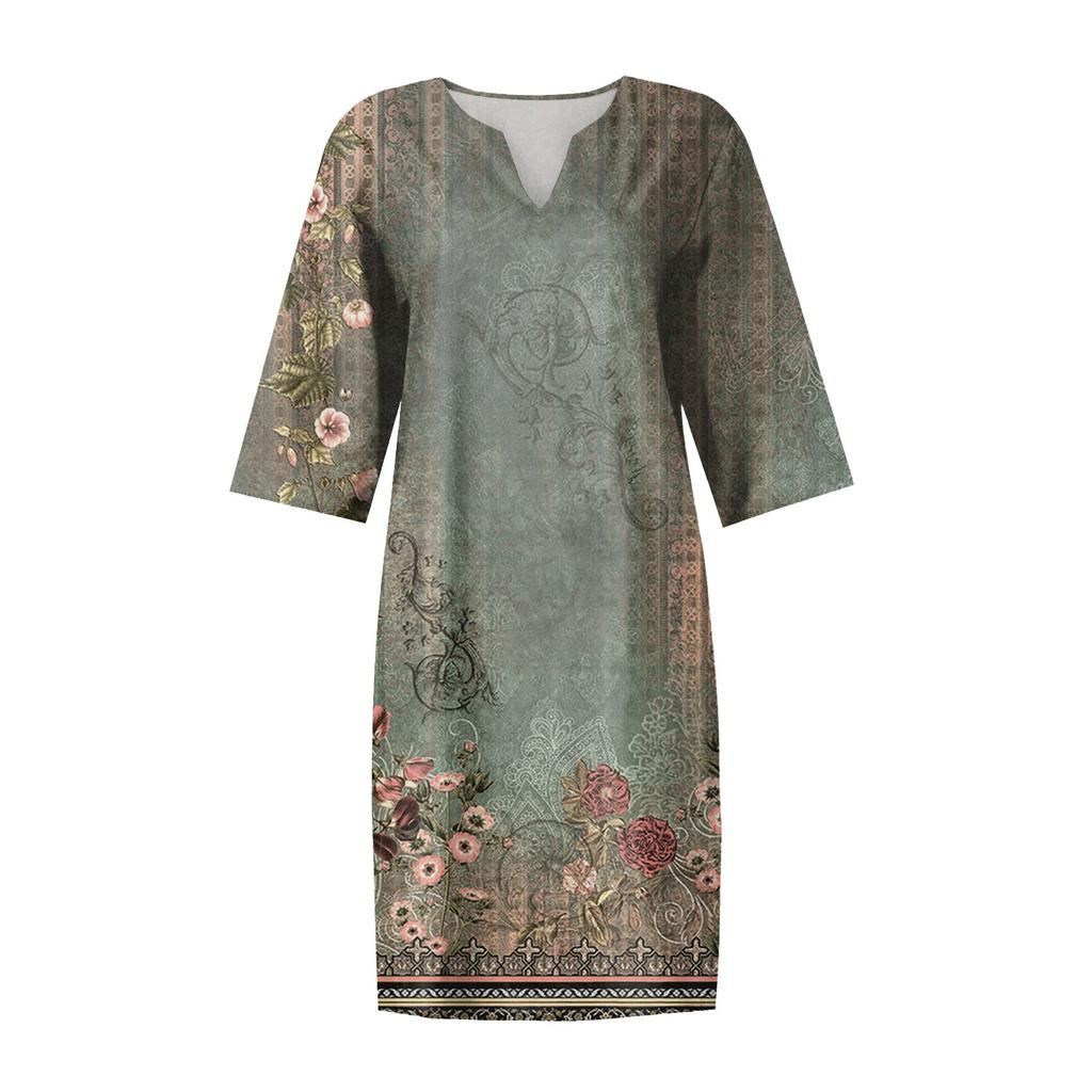 Women's Summer Vintage Floral Print V-Neck Half Sleeve Dress Dresses
