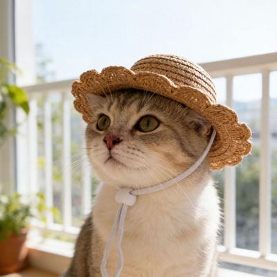 Chapéu de Palha Scalloped Pet Yousheng Chapéu de Sol para Gatos com Tira Ajustável Chapéu de Sol de Palha de Verão para Cães Pequenos Gatos